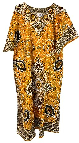 Ladies 100% Cotton Long Kaftan Dress Summer Dashiki African Print One Size Loose Baggy Style Beach Cover (Mustard Yellow)