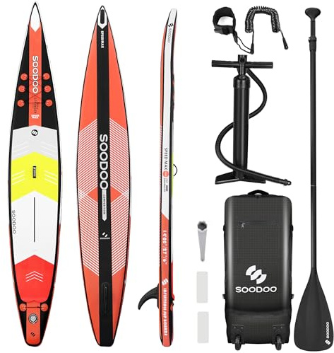 SOODOO Inflatable Stand Up Paddling Board, 14'x27x6 V-Shaped Paddle Board for Expert Paddlers, Surfboard for Youth & Adult, SUP with Adjustable Paddle, Backpack, Removable Fins (39OY)