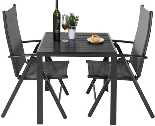LIFERUN Ensemble Salon de Jardin Exterieur 2 Personnes, Aluminium Ensemble de Meubles de Balcon 2 Places, WPC Table de Jardin Exterieur avec 2 Chaises Pliantes, Mobilier Terrasses 3 Pièces, Noir