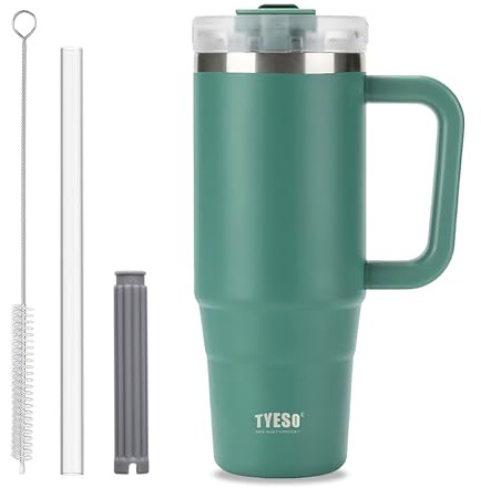 Kaffekuppen resemugg med handtag, 30 oz tumbler med låsbart lock, vakuumisisolerad vattenflaska i rostfritt stål med halm, läcksäker och bärbar resemugg för varma och kalla drycker (gran - grön)