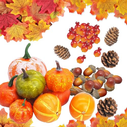 LXYYDS 96 Stück Herbst Kürbis Deko Set, Mini kürbisse Eicheln, Zierkürbisse Ahornblätter, Kürbisse Deko, Gefälschte Kürbisse Tannenzapfen, Herbst deko, für Halloween Thanksgiving Innen Tisch