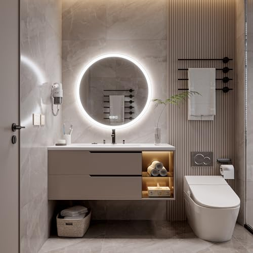 luminorcrest Miroir LED 50x 50cm,Rond,antibuée,intensité Variable 3 Couleurs,éclairage Avant et arrière,IRC 90+,IP44 Verre Trempé HD Miroir-Mural,Bouton Tactile, Horizontal/Vertical.