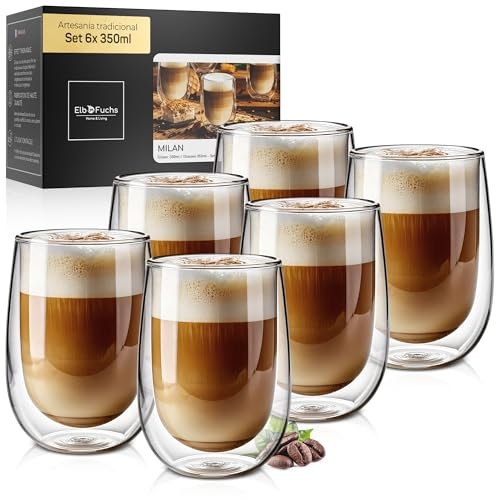 ElbFuchs® Juego de vasos de doble pared para latte macchiato (6x 350ml) cristal transparente de doble pared | Ideales como vasos de capuchino, café o té