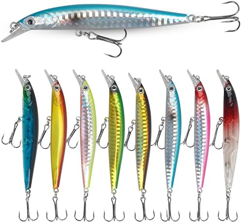Fishing Lures Kit Crankbait Minnow Hard Bait Set, 8pcs Topwater Bass Lure Deep Diving Jerkbait Swimbait Popper Pencil Artificial Bait for Bass Trout Redfish Saltwater Freshwater Fishing