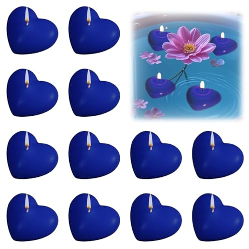 Lot de 12 bougies flottantes en forme de cœur - Bougies flottantes sans parfum - Bougies chauffe-plat pour piscine de mariage, baignoire de Saint-Valentin, fêtes - Bleu
