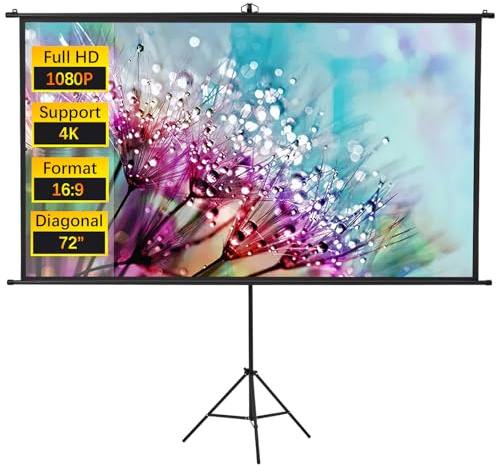 INMOZATA 72 inch Projector Screen and Stand/Wall/Ceiling Projection Screen Outdoor Indoor with 16:9 Ratio Matte White Screen & Ambient Light Rejecting Movie Screen for Garden Camping Home Theater