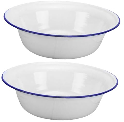 UKCOCO Ciotola Smaltata Vintage Da Cucina 22cm in Smalto Sicuro Per Servire, Conservare Zuppa e Impastare, Set Da 2 Pezzi, Bacinella Profonda Bianca Retrò Per Uso Domestico