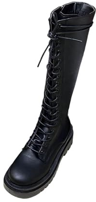 Botas Mujer con Cordones y Cremallera Lateral Botas de Piel de Alta Caña Talla Grande Botines de Puntera Redonda Suela Gruesa Cómodo Botines Impermeables Moda Versátil Zapatos Retro For Exteriores