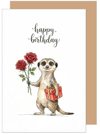 Edition Seidel Biglietto di auguri di compleanno con busta, biglietto di auguri con scritta in inglese suricato, con rose, regalo amorevole per uomo e donna (G3891 SW026)
