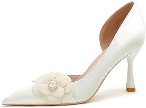 Tacones Salón Satén Recorte Camelia Punta Afilada Tacón Aguja Mujer para Trabajo Oficina Uso Diario,White(Heel:5cm),38 EU