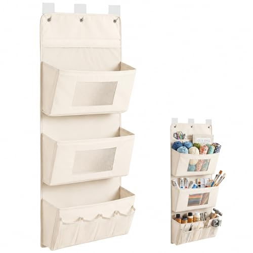 OMJMYY Sac de Rangement Suspendu 40 x 90 cm Sac De Rangement Mural avec 3 Crochets & Poche Organisateur Suspendu Suspendre en Tissu Oxford pour Chambre Salle de Bain Cuisine Bureau (Beige)