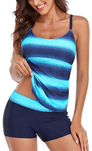 Sixyotie Maillot de Bain Femme 2 Pièces Shorty Tankini Dos Nu à Bretelle Grande Taille Push Up Bikini Rayures Rembourré (Bleu,M)