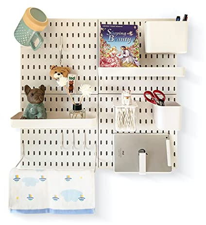 JoyBHole Kit de combinación de tablero perforado y 13 accesorios (contenedor de soportes de gancho de estante), sin perforación, para garaje, cocina, sala de estar, baño, oficina, 22 x 22 pulgadas,