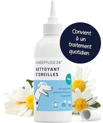 Hundepflege24 Nettoyant Oreille Chien Daily - Soulage en Quelques Jours en Cas de démangeaisons, secouements de tête & odeurs - Produit Oreille Chien & Chat Naturel - Gouttes pour Oreille Chien 250ml