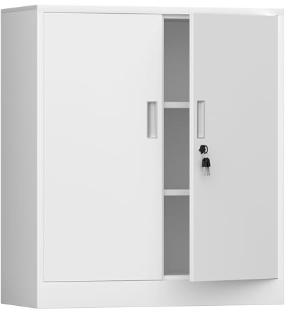 Aktenschrank Büroschrank Lagerschrank Metallschrank Stahlschrank, Aufbewahrungsschrank aus Metall mit verschließbaren Türen und 2 verstellbaren Regalen 92x80x40cm (Weiß, 92H cm)