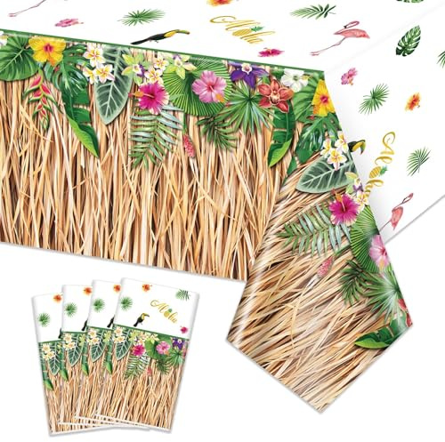 PIXHOTUL Lot de 4 nappes hawaïennes Luau Herbe, décorations de fête hawaïenne, nappe de table palmier tropical, pour été, plage, barbecue, fête tropicale, fête prénatale, 220 x 130 cm