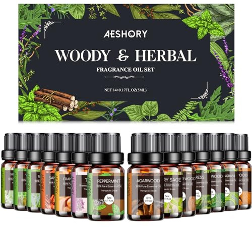 AESHORY Träig & Örtbaserad Eteriska Oljor Set 14 x 5ML, 100% Naturlig Aroma Diffuser Olja Gift Set, Aromaterapi Oljor Doftoljor för Diffusorer, SPA, Massage, Avkoppling, Tvål, Bad presentset