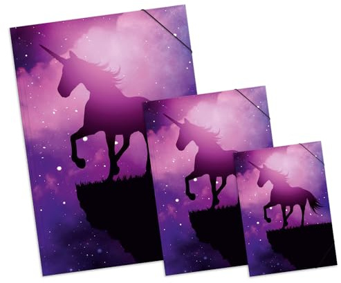 itenga Set Zeichenmappe DIN A2 und DIN A3 und Sammelmappe DIN A4 mit Motiv - Zeichenmappe Gummizugmappe Sammelmappe - für Kinder Jugendliche Schüler Mädchen Jungen (Motiv magisches Einhorn)