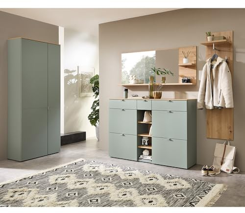 Lomadox Flurgarderobe modern Garderoben Set Flurschrank Kommode Spiegel Garderobenpaneel grün matt Eiche