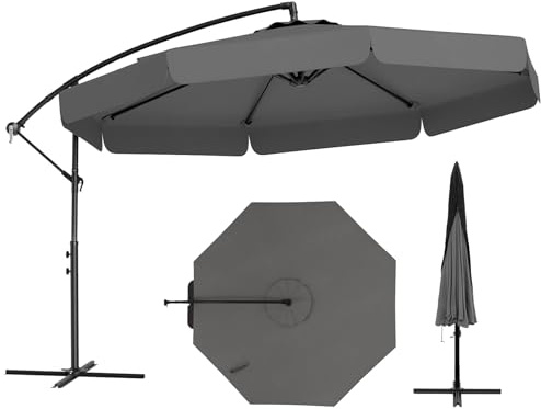 TANGZON 3M Offset Umbrella, Patio Cantilever Umbrella with Easy Tilt Adjustment, Crank, 8 Ribs, Cross Base, Cover & Ruffled Edges, Outdoor Sun Protection Shade for Poolside Garden (Gray)