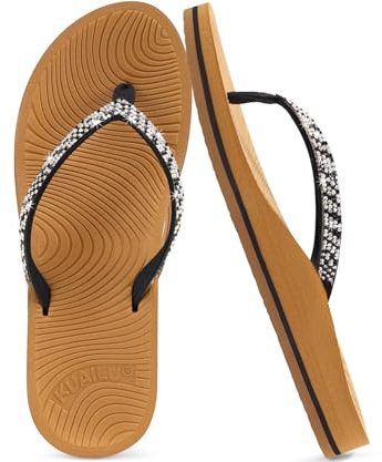 KuaiLu Women's Rhinestone Flip Flops with Comfort Arch Support Yoga Mat Cushion Sandals Fashion Summer Beach Pool Travel Orthotic Walking Thong Sandles Slip on Plantar Fasciitis Black Khaki 6.5