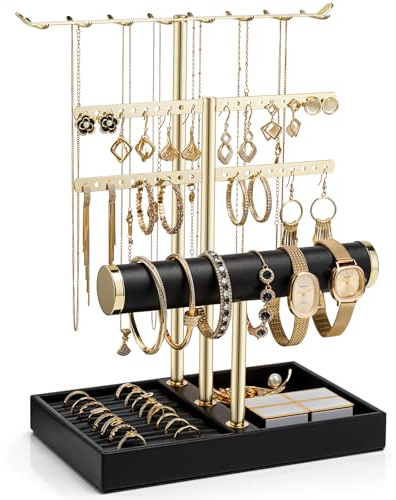 VLANDO 3 Tier Jewelry Stand Organizer with Tary, Leather Jewelry Holder Display for Women, Gold Jewlery Holder Display for Necklace, Earring, Bracelet, Rings - Black