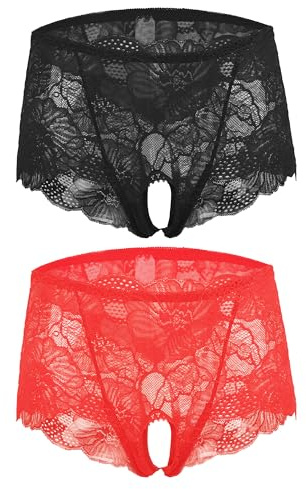 TINAYAUE String Ouverts pour Femmes - 2PCS Slip Culotte Transparente en Dentelle Lingerie sous Robe pour Hot Copine - Grande Taille (Tour de Hanche 100-105cm)