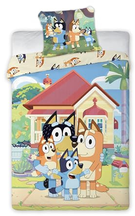 Bluey & Bingo Barnsängkläder | Påslakanset i enkel storlek 140x200 cm med örngott 50x70 cm | Officiellt Bluey sängkläderset | Färgglad tecknad design för barnsängar