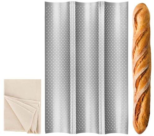 LCFVOFU Baguette Baking Tray for 3 Baguettes with Non-Stick Coating, Waves Grooves Baguette Tray, French Bread Pan Mould for Long Strip Bread, Silver