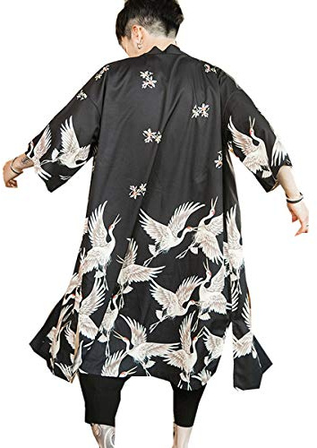 Seidarise Men's Haori, Long Kimono Cardigan Jacket Japanese Style Flying Crane Seven Sleeves Open Front Coat