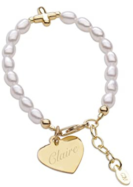Cherished Moments Baby or Girl's Personalized 14K Gold-Plated Cross Bracelet with Heart Charm, First Communion Gift, Baptism, Christening Custom Engraved Jewelry with Name (4-4.5 Inches)