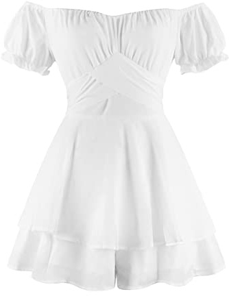 Women Boho Romper Off Shoulder Ruffle Chiffon Pirate Dress Floral Print One Piece Casual Strapless Jumpsuit Double Layer Ruffle Hem Playsuits Beach Halloween Dresses Overall Outfit White Small