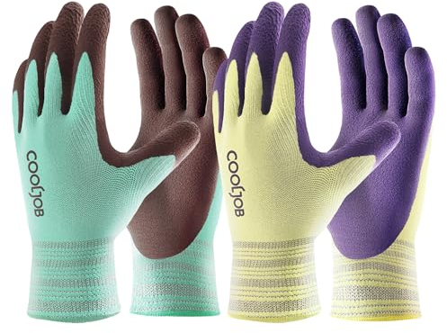COOLJOB 2 Paar Gartenhandschuhe für Damen und Herren, Atmungsaktive Modal-Gartenhandschuhe mit rutschfester Latexbeschichtung, Arbeitshandschuhe mit Gummigriff für Pflanze, Auto & Outdoor (Größe L)