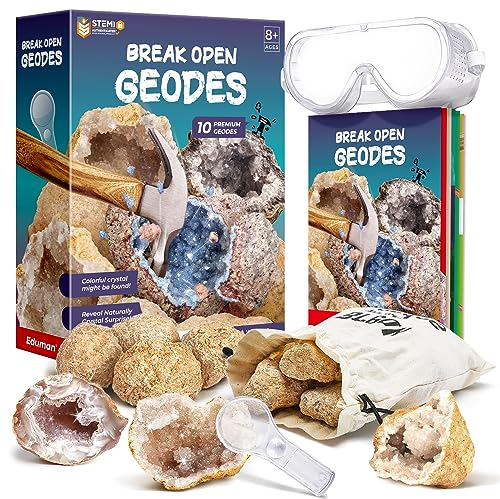 EDUMAN Geoden Zum Aufbrechen für Kinder, Natur Geoden Set in Groß und Klein, Inklusive Schutzbrille, Lupe, Aufbewahrungstasche, Geschenke für Jungen und Mädchen ab 8 Jahre