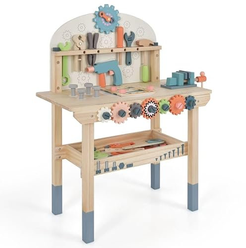 COSTWAY Wooden Kids Workbench, Children's Tool Bench with Tools Set, Realistic Accessories, Magnetic Rack & Storage Shelf, Toddlers Construction Pretend Role Play Toy Set for 3+