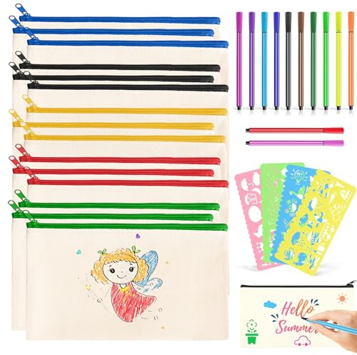 15pcs Astucci da Colorare, Pochette in Tela Personalizzabile, Astuccio in tela Bianco con 12 matite colorate e 4 stencil per pittura, per borsa per viaggiare e conservare articoli di cancelleria