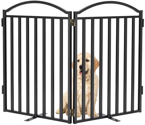 Malier Metal Freestanding Dog Gates, 32'' Height Outdoor Indoor Dog Fences, 48'' Extra Wide Pet Gate, Foldable Puppy Free Standind Tall Pet Gate for Stairs, Hallways, Doorways, Yard (Black 2 Panels)