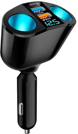 Car Charger Cigarette Lighter Splitter 12/24V Sockets Splitter LED Voltage Display Power Adapter 2 USB Type C PD Fast Car Charger For Phone Tablets GPS Dash Cam ect.