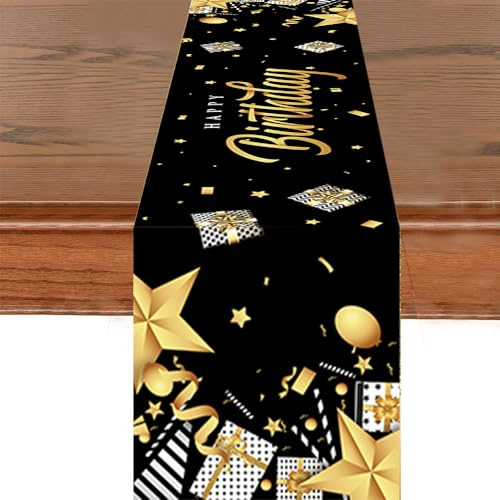GROVBLE Tischläufer Geburtstag,Happy Birthday Tischläufer,Schwarz Gold Geburtstag Dekoration,Tischdekoration Tischdecke Geburtstag für Junge Männer Geburtstag Dekoration 180 x 35 cm…