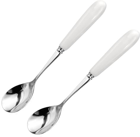 MEIYAHOME Vitt keramiskt handtag kvalitet efterrätt kaffesked 18/10 rostfritt stål fin tesked sockersked sus304 14,2 cm rör eftermiddagste blandsked (2 st)