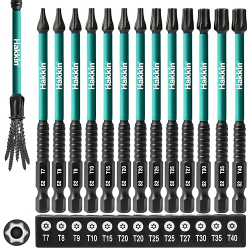 Hakkin Torx Bits Set Lang 13 Stück 100 mm Bitsatz für Akkuschrauber 1/4 Torx Schrauber Bit Set mit Loch S2 Schraubenzieher T7,T8,T9,T10,T15,T20,T25,T27,T30,T35,T40