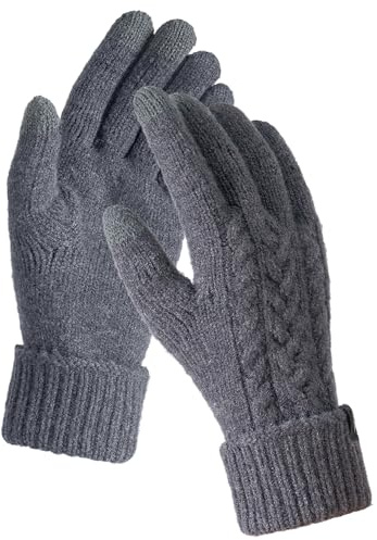 TRENDOUX Warme Handschuhe Winter Damen, Thermo Winter Flauschige Merino Damenhandschuhe Touchscreen, Elastisch Gefüttert Flauschige Handy Verdickt Fäustlinge Wolle Zum Wandern, Laufwerk - Grau