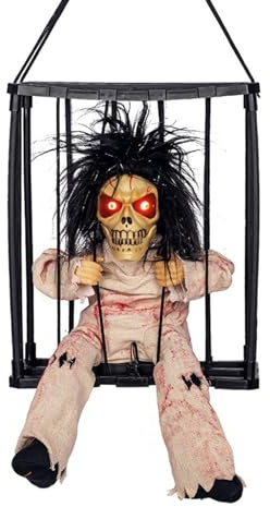Schreiende Animierte Halloween Dekorationen mit Bewegungsmelder, Gruseligen Geräuschen und Leuchtenden Augen, Gruseliger Totenkopfkäfig, Gefangene Spukhaus Deko Requisiten