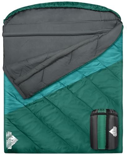 AGEMORE Double Sleeping Bag for Adults, Lightweight Queen Size 2 Person Sleeping Bag with Draft Tubes & Hood, Fit for Warm & Cold Weather Camping Hiking Backpacking Or Traveling