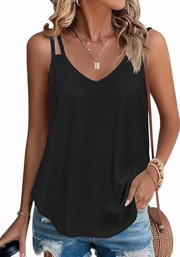 Sukiglam Camiseta sin Mangas Mujer Verano Doble Tirantes Camisetas Holgado Transpirable Malla Chalecos Top Sexy con Cuello en V Elegante Blusa sin Espalda Casual Vacaciones Tank Top Elástica