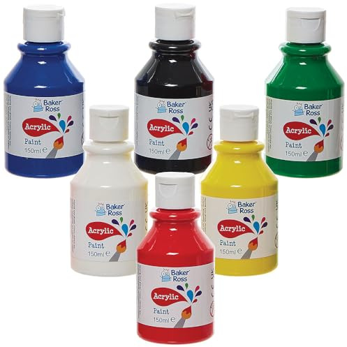 Baker Ross FN505 Primary Colours Acrylic Paints Pack 150ml - Pack of 6, Paint Value Pack of Bottles, Paint for Kids