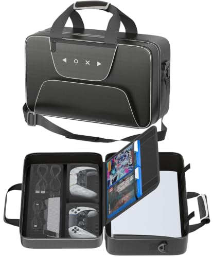 Gersker Sac de Transport PS 5 Compatible avec PS 5/Slim/Pro Digital & Disc, Étui de Voyage PS-5 avec Plusieurs Poches, Protège Les Écouteurs, Les Manettes et Les Accessoires de Jeu (Noir+Blanc)