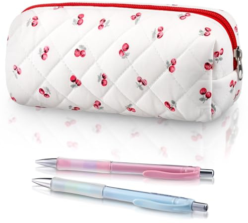 Sherr Coquette Bow Pencil Case Pink Bow Cute Pencil Pouch Soft Cotton Storage Bag Aesthetic Pattern Gift Makeup Pouch Cosmetic Travel Bag for Women, Red, White, 7.5 Inch, Cherry Style