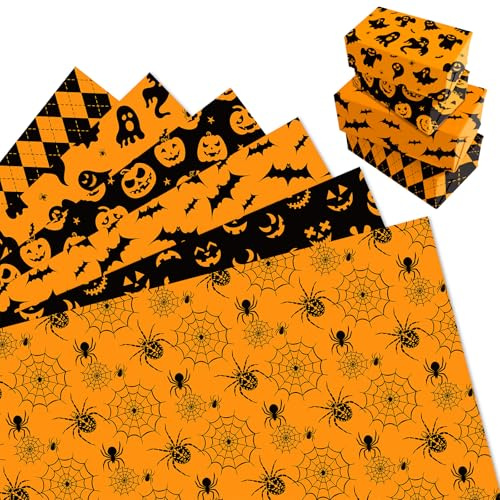 MORAINJAY 12 Feuilles Papier Cadeau Halloween, Papier Cadeau Noir Halloween Orange, Pour Anniversaire Enfants ou Fête Trick or Treat, 68 x 50 cm