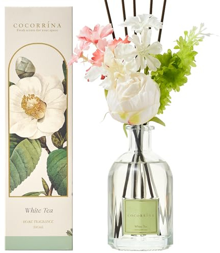 COCORRÍNA Fragancia de flor con 8 varillas aromáticas de 250 ml, té blanco, natural, duradero, fragancia para el hogar, salón, dormitorio, cuarto de baño